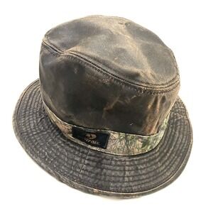 Vintage Mossy Oak Tree Camo Leather Bucket Hat L / XL Brown